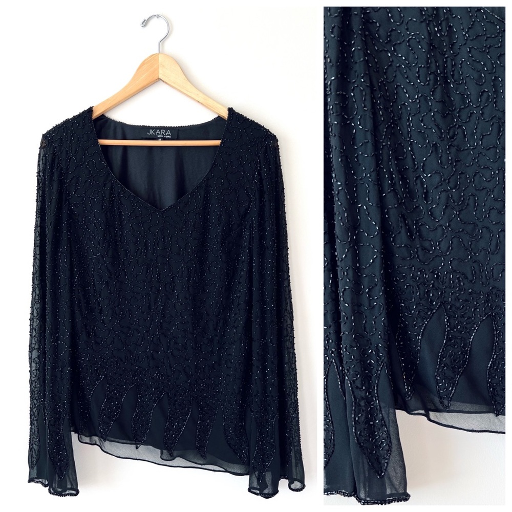 JKARA 🌸 Beaded Black Bell Sleeve V-Neck Top w Sharktail Hem